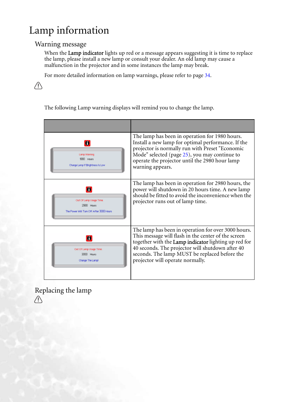 Lamp information, Warning message, Replacing the lamp | BenQ PB6240 User Manual | Page 36 / 46