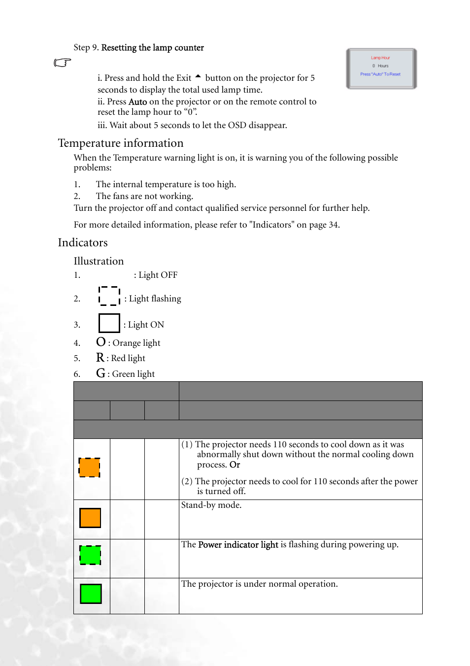 Temperature information, Indicators | BenQ PB6240 User Manual | Page 38 / 46