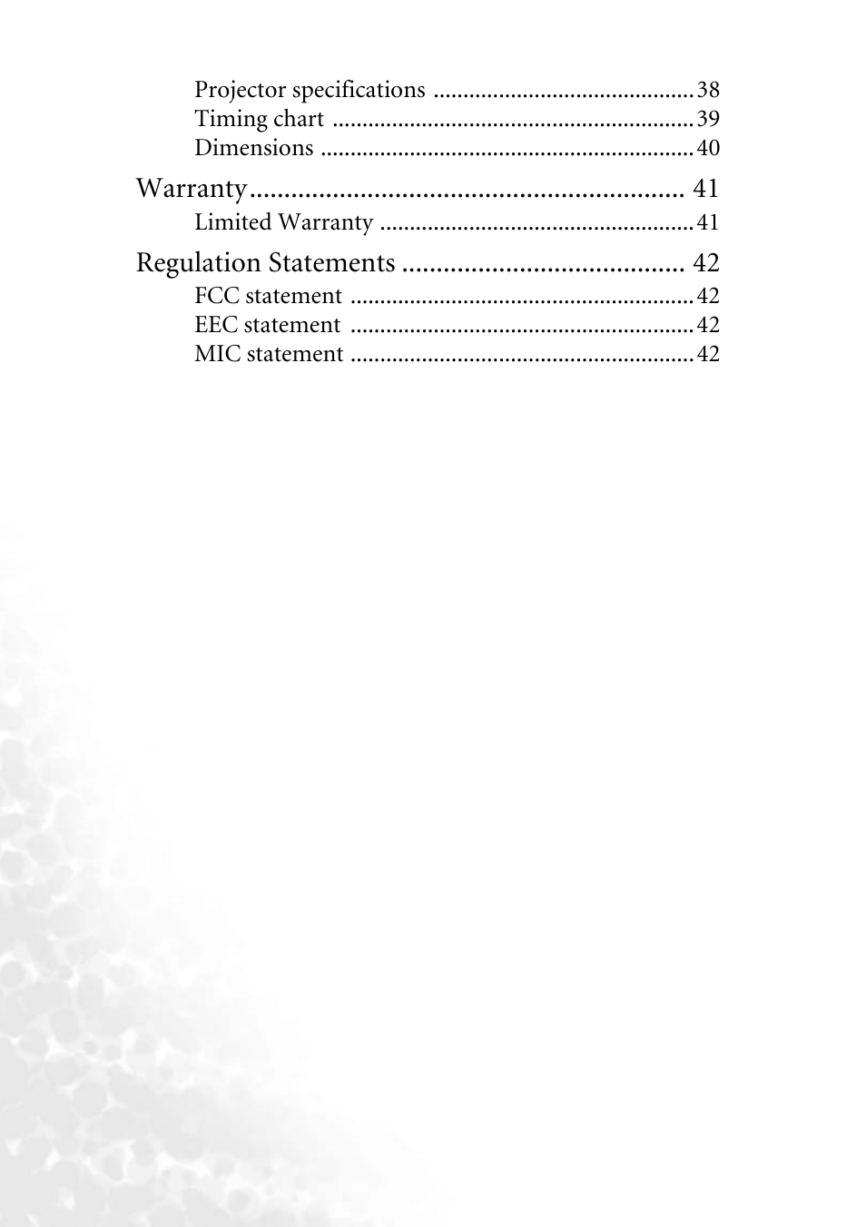 Warranty, Regulation statements | BenQ PB6240 User Manual | Page 4 / 46