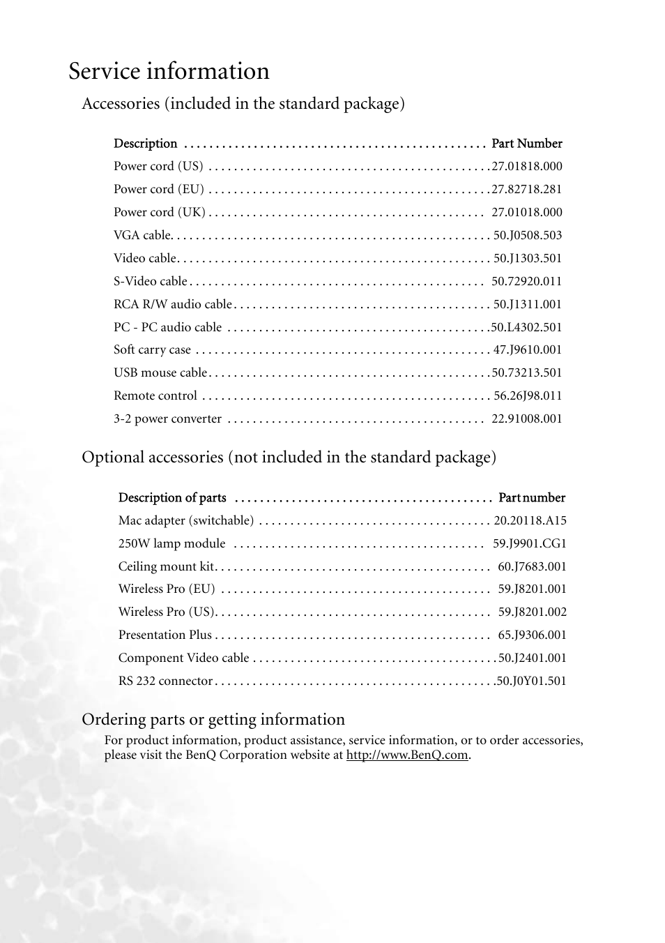 Service information, Accessories (included in the standard package), Ordering parts or getting information | BenQ PB6240 User Manual | Page 40 / 46