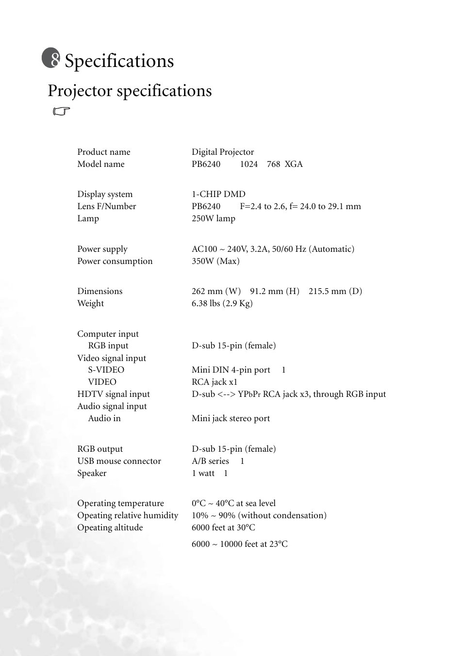 Specifications, Projector specifications | BenQ PB6240 User Manual | Page 42 / 46
