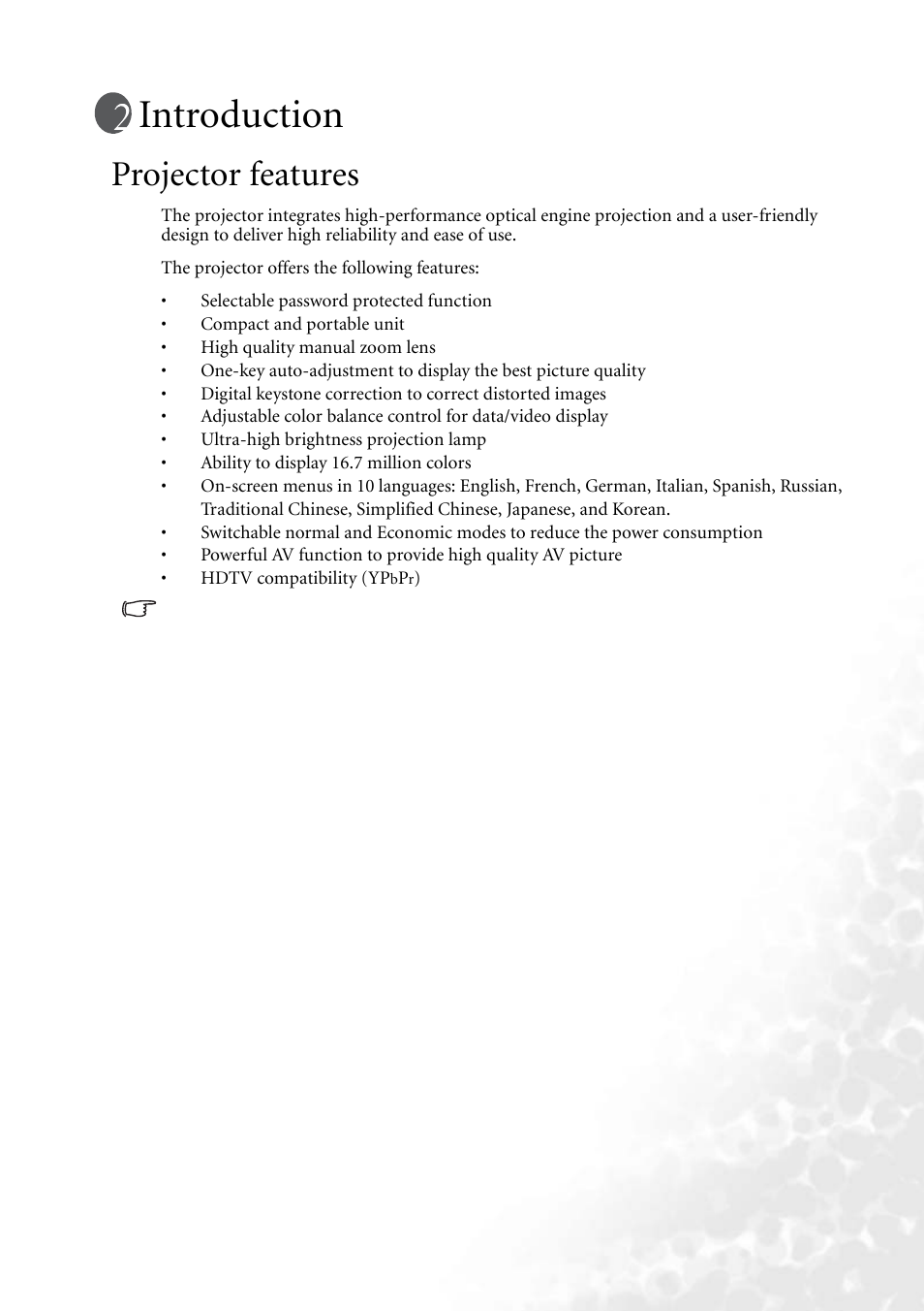 Introduction, Projector features | BenQ PB6240 User Manual | Page 9 / 46