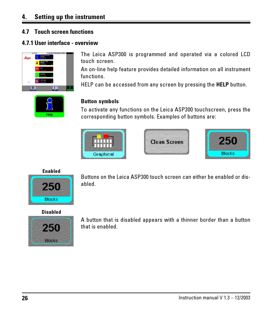 7 touch screen functions, 1 user interface - overview, Touch screen functions | User interface - overview, Setting up the instrument | Leica Biosystems ASP300 User Manual | Page 26 / 70