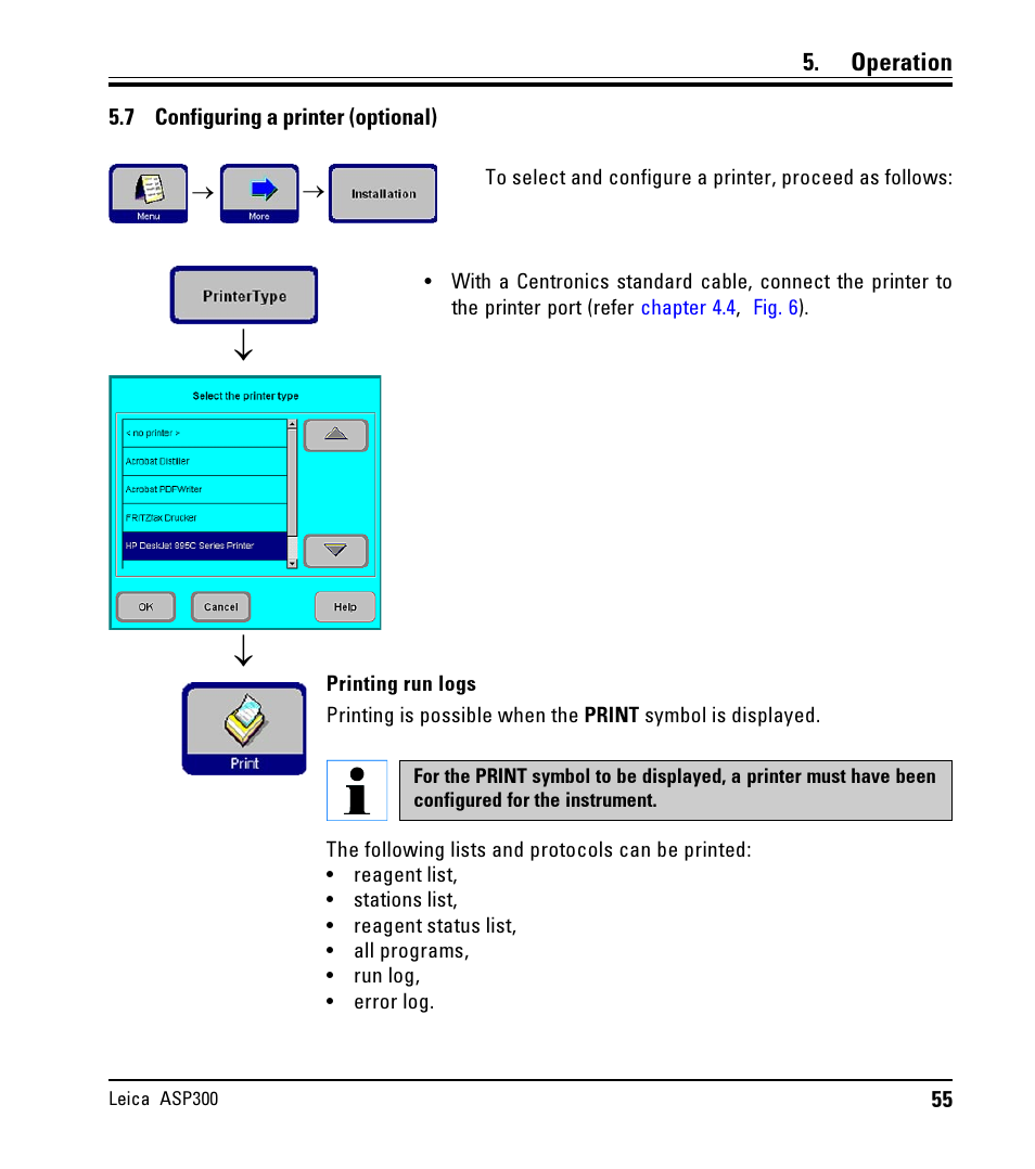 7 configuring a printer (optional), Configuring a printer (optional) | Leica Biosystems ASP300 User Manual | Page 55 / 70