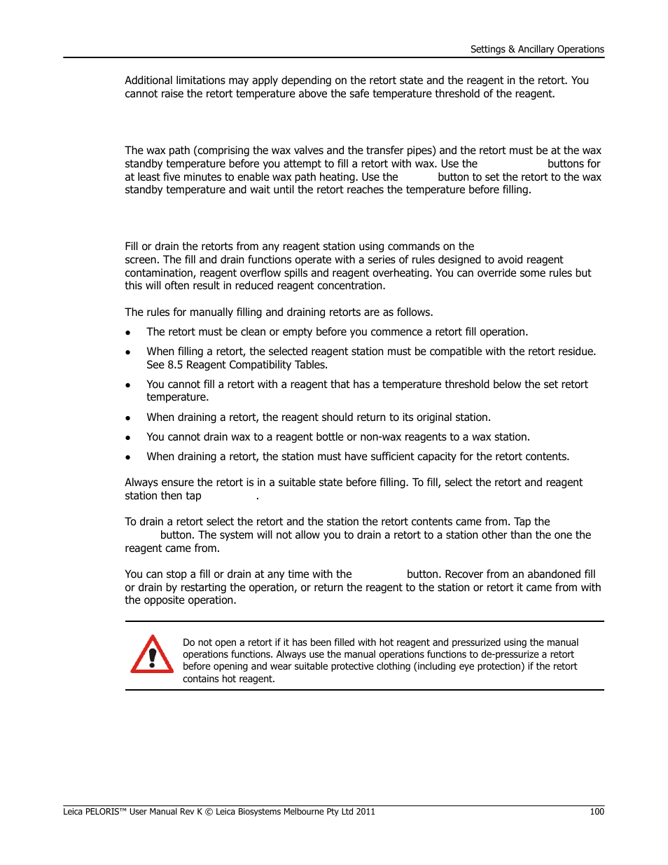 Wax transfers, Filling and draining retorts | Leica Biosystems PELORIS_PELORIS II User Manual | Page 100 / 160