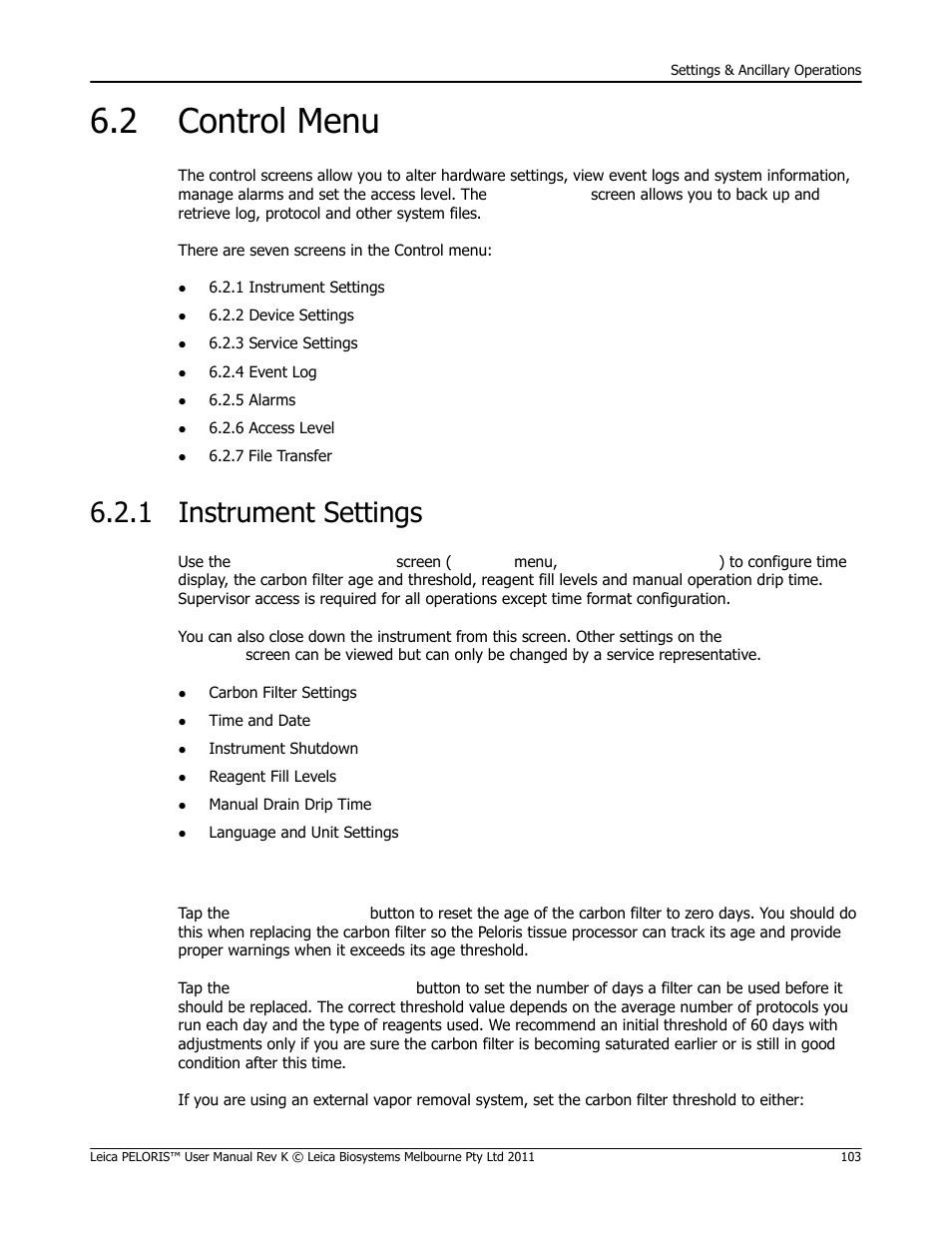 2 control menu, 1 instrument settings, Control menu instrument settings | 1 instrument set, Tings, Strument, Settings), 1 instrument settings), Rnings (see 6.2.1, Instrument settings) | Leica Biosystems PELORIS_PELORIS II User Manual | Page 103 / 160
