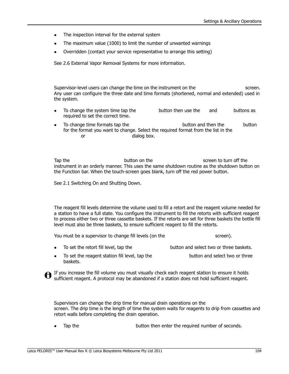 Reagent fill levels in 6.2.1 in, Time and date, Instrument shutdown | Reagent fill levels, Manual drain drip time | Leica Biosystems PELORIS_PELORIS II User Manual | Page 104 / 160
