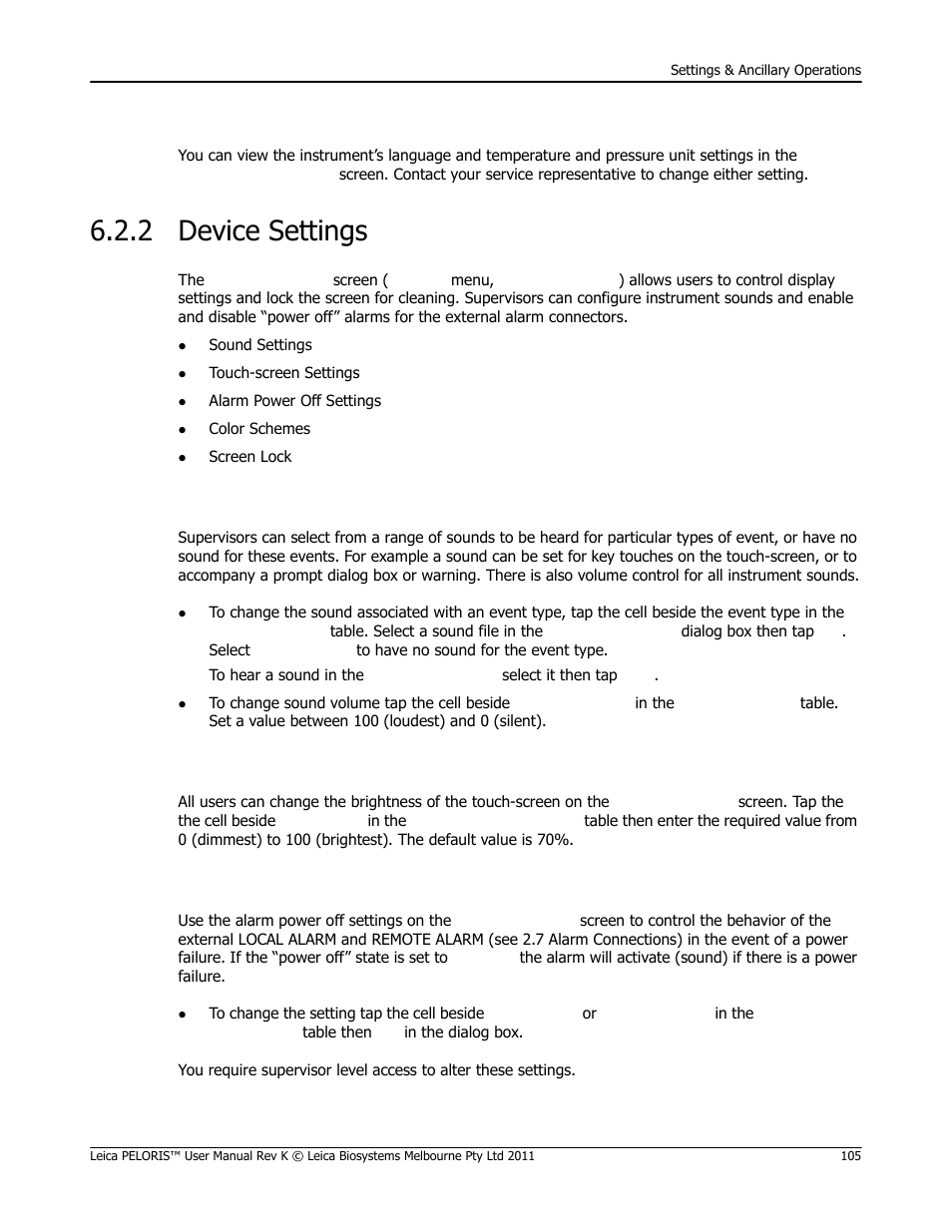 2 device settings, Device settings, Language and unit settings | Sound settings, Touch-screen settings, Alarm power off settings | Leica Biosystems PELORIS_PELORIS II User Manual | Page 105 / 160