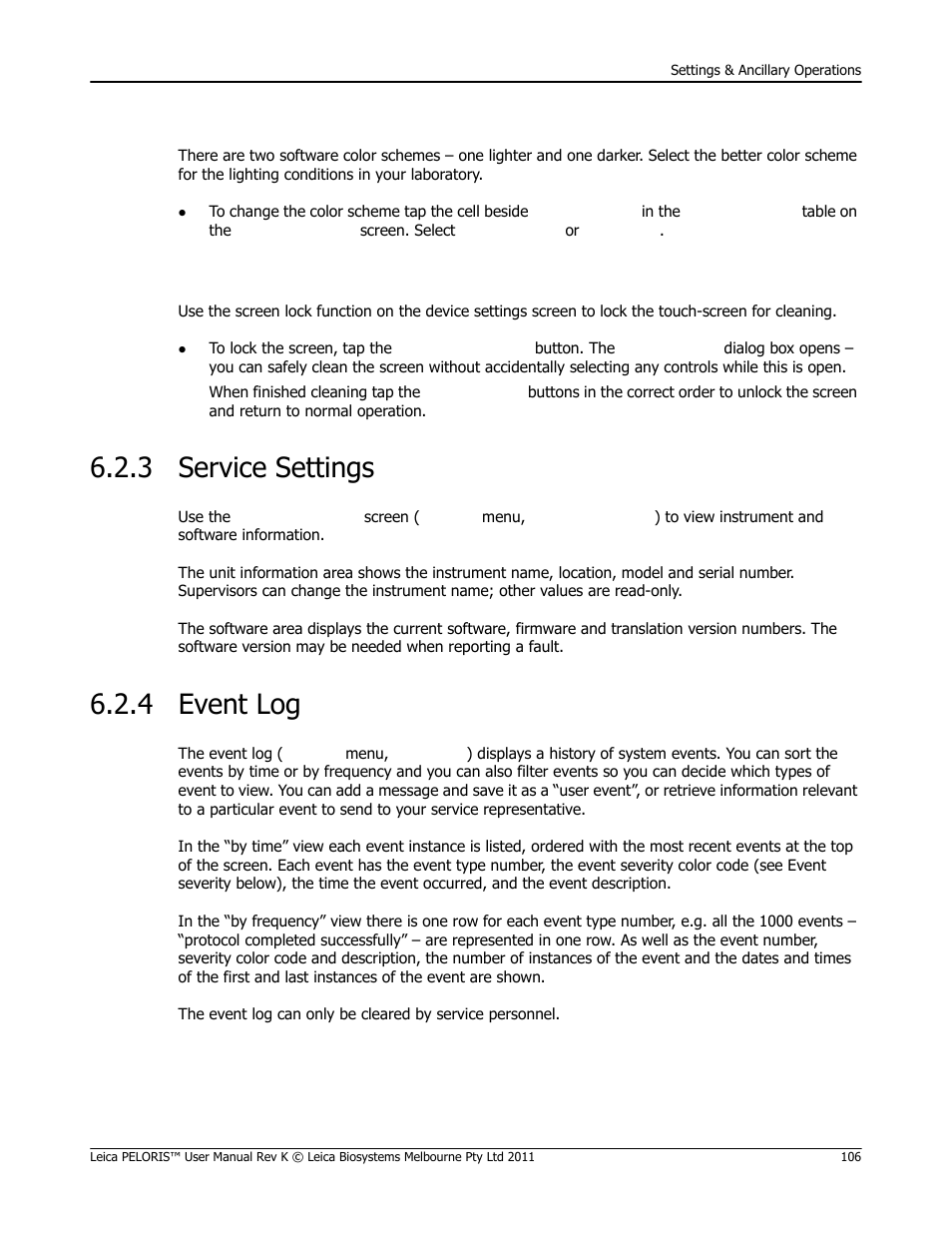 3 service settings, 4 event log, Service settings event log | Color schemes, Screen lock | Leica Biosystems PELORIS_PELORIS II User Manual | Page 106 / 160