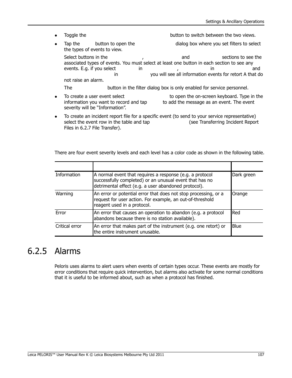 5 alarms, Alarms | Leica Biosystems PELORIS_PELORIS II User Manual | Page 107 / 160