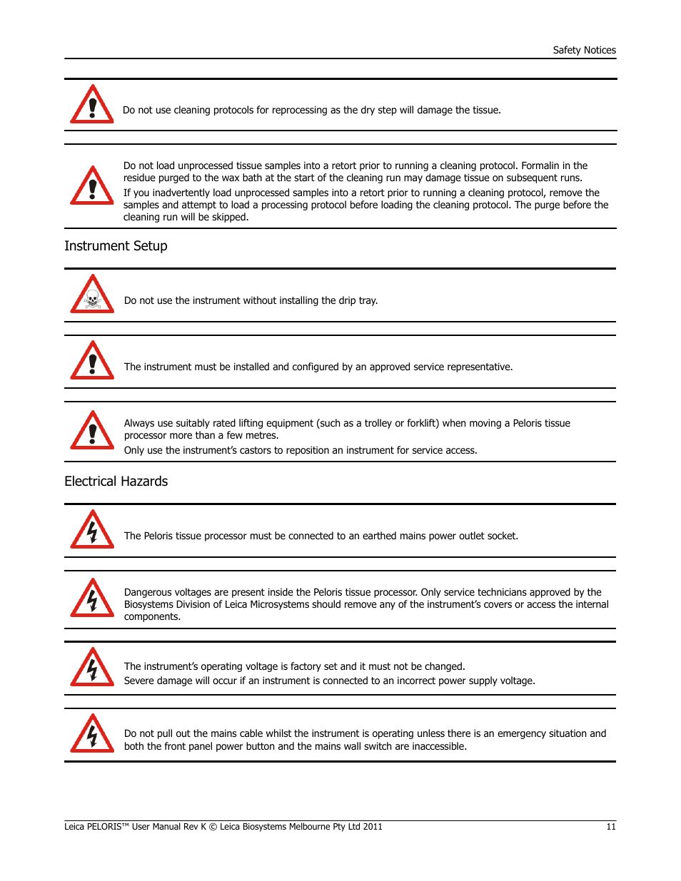 Instrument setup electrical hazards | Leica Biosystems PELORIS_PELORIS II User Manual | Page 11 / 160