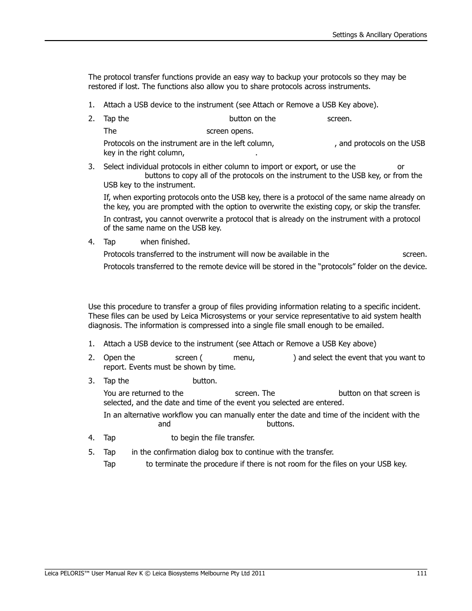 Transferring protocols in 6.2, Transferring protocols, Transferring incident report files | See transferring incident, Report files) | Leica Biosystems PELORIS_PELORIS II User Manual | Page 111 / 160