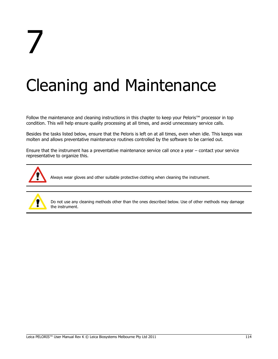 Cleaning and maintenance, Chapter 7, cleaning and maintenance | Leica Biosystems PELORIS_PELORIS II User Manual | Page 114 / 160