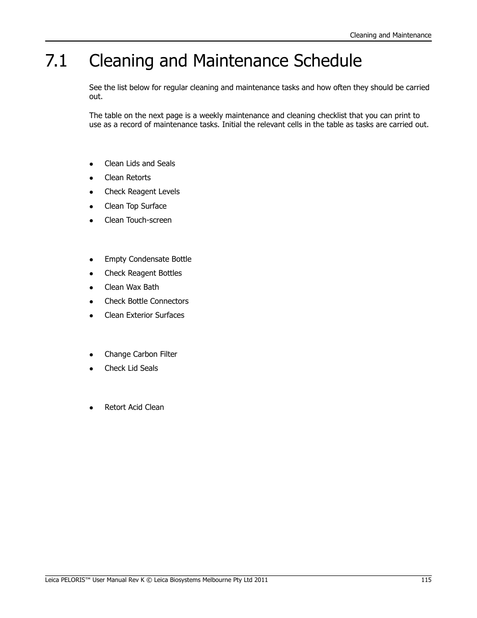 1 cleaning and maintenance schedule, Cleaning and maintenance schedule | Leica Biosystems PELORIS_PELORIS II User Manual | Page 115 / 160