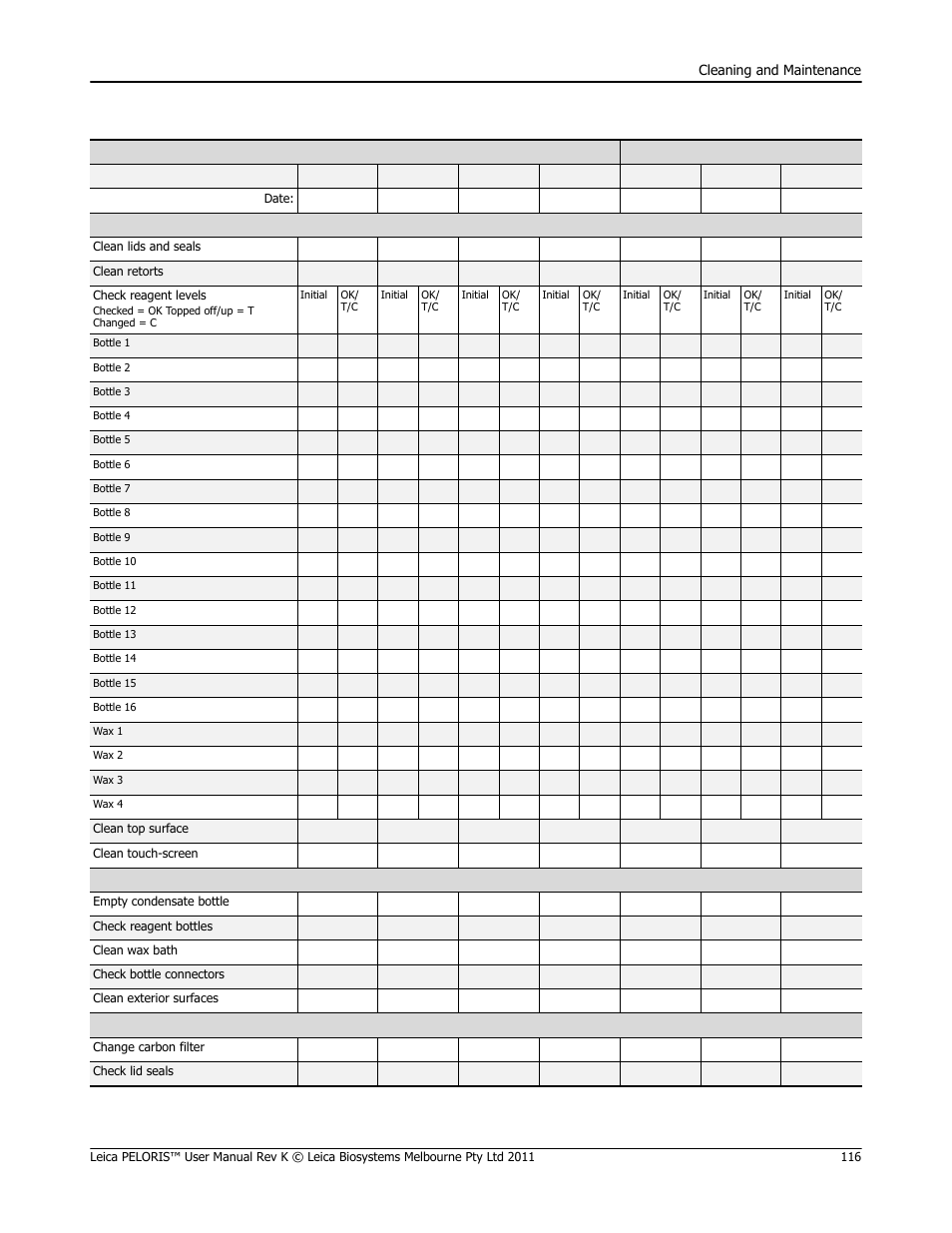 Leica peloris™ user maintenance chart | Leica Biosystems PELORIS_PELORIS II User Manual | Page 116 / 160