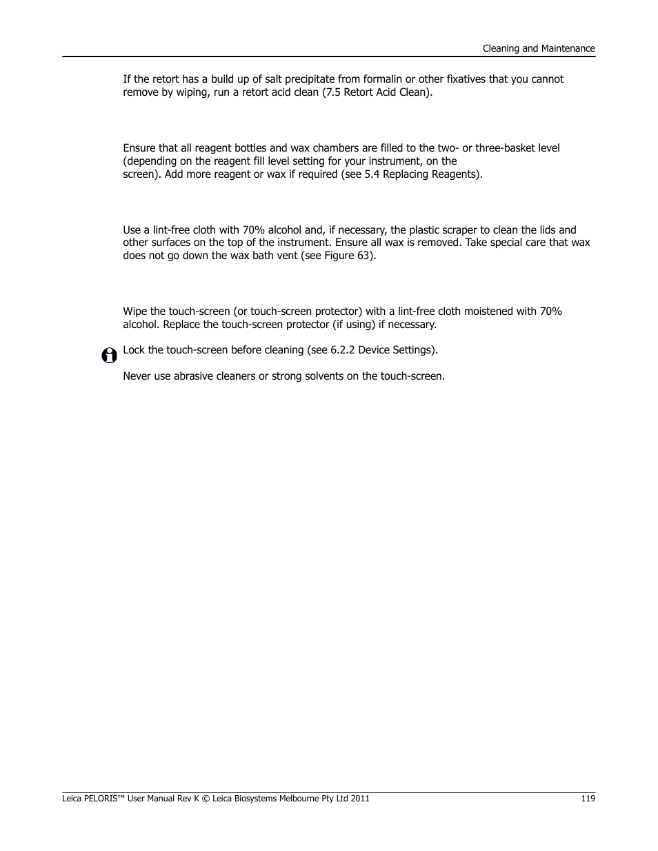 Check reagent levels, Clean top surface, Clean touch-screen | Leica Biosystems PELORIS_PELORIS II User Manual | Page 119 / 160