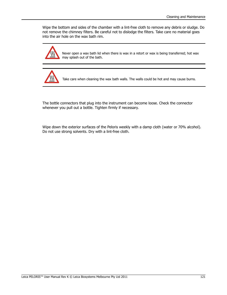 Check bottle connectors, Clean exterior surfaces | Leica Biosystems PELORIS_PELORIS II User Manual | Page 121 / 160