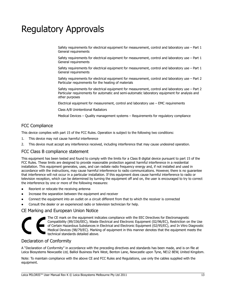 Regulatory approvals, Fcc compliance, Fcc class b compliance statement | Ce marking and european union notice, Declaration of conformity | Leica Biosystems PELORIS_PELORIS II User Manual | Page 13 / 160