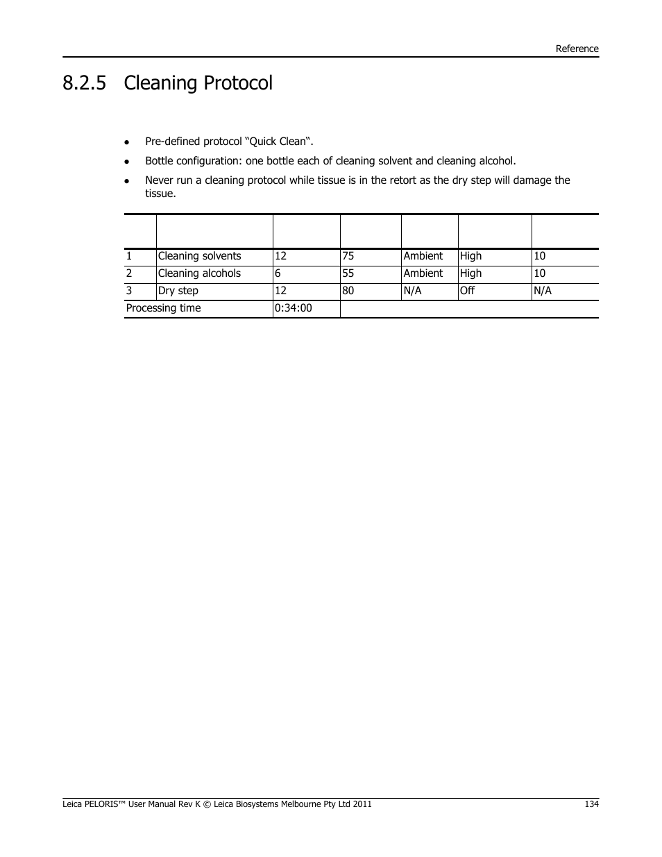 5 cleaning protocol, Cleaning protocol, Quick clean) | Leica Biosystems PELORIS_PELORIS II User Manual | Page 134 / 160
