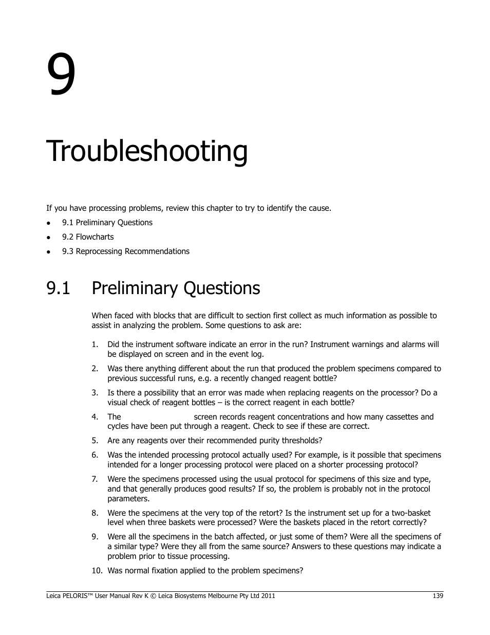 Troubleshooting, 1 preliminary questions, Preliminary questions | Leica Biosystems PELORIS_PELORIS II User Manual | Page 139 / 160