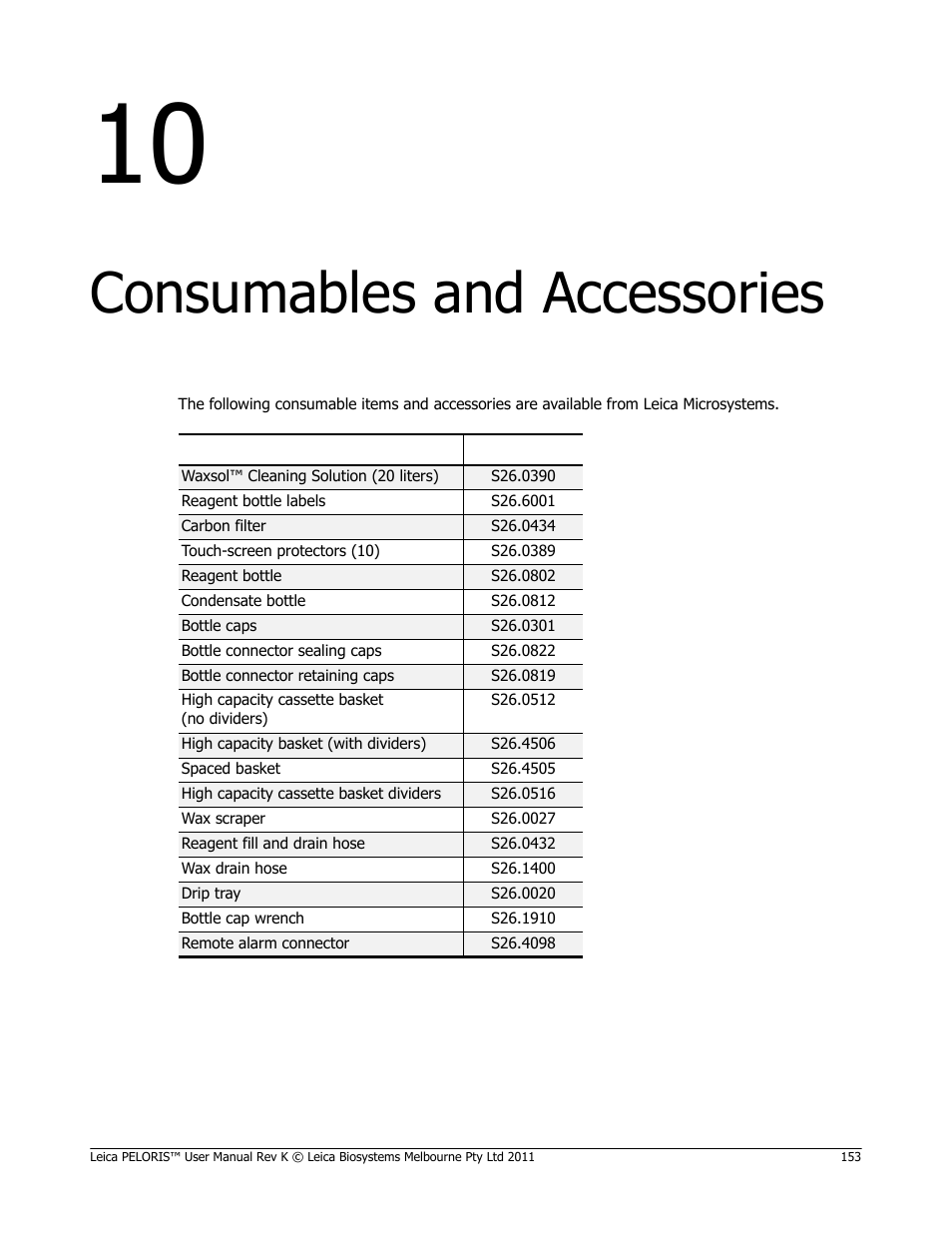 Consumables and accessories, 10 consumables and accessories, Chapter 10, consumables and accessories | Leica Biosystems PELORIS_PELORIS II User Manual | Page 153 / 160