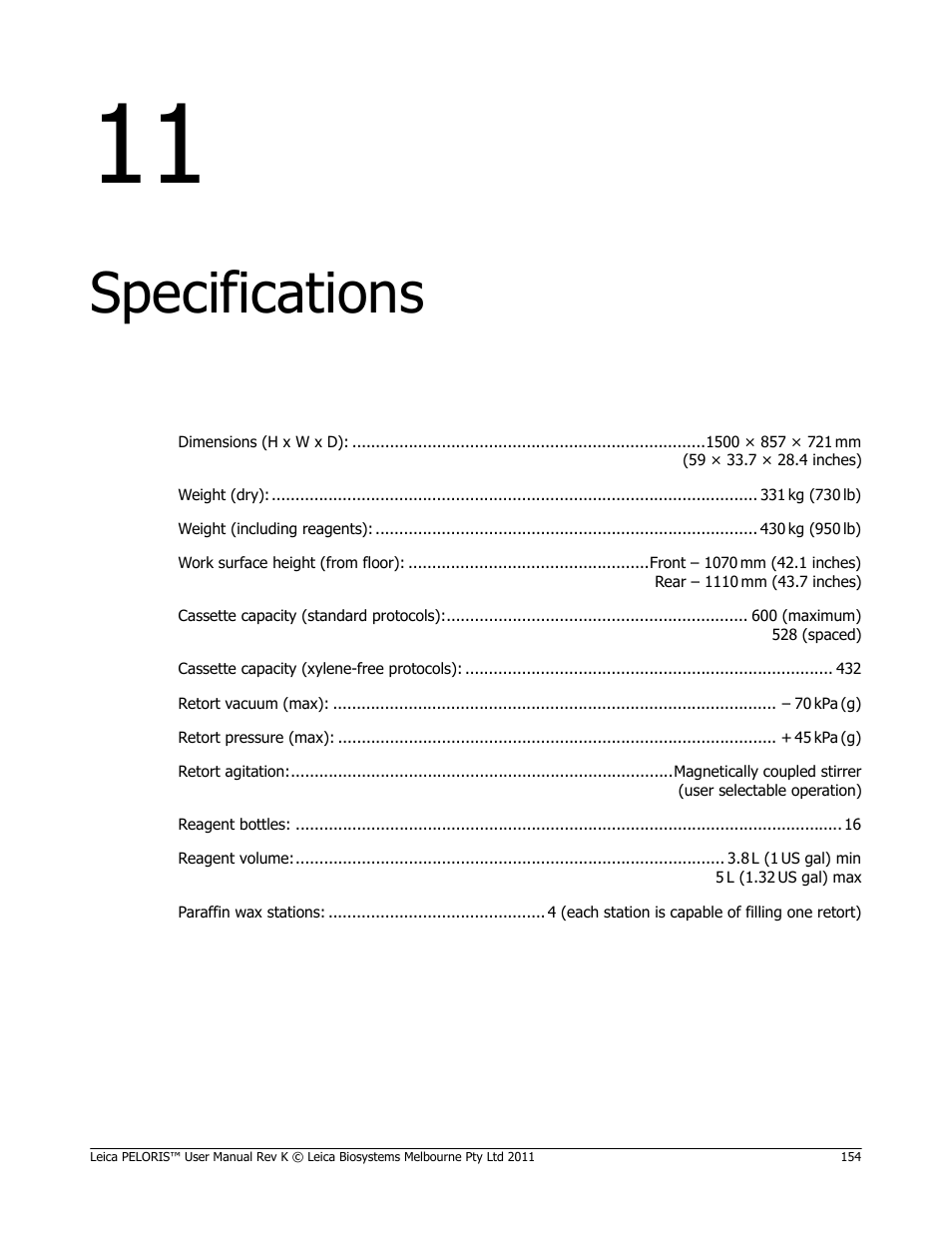 Specifications, 11 specifications, Chapter 11, specifications | Leica Biosystems PELORIS_PELORIS II User Manual | Page 154 / 160