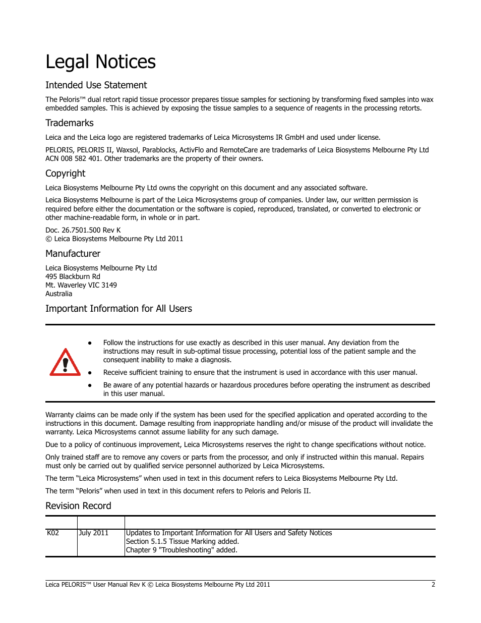 Legal notices | Leica Biosystems PELORIS_PELORIS II User Manual | Page 2 / 160