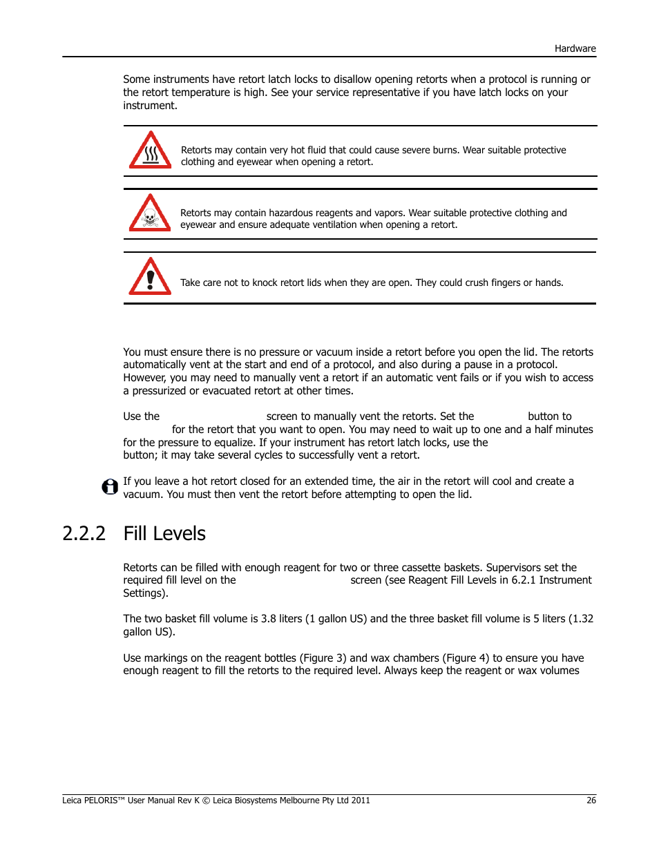 2 fill levels, Fill levels, Venting a retort | Leica Biosystems PELORIS_PELORIS II User Manual | Page 26 / 160