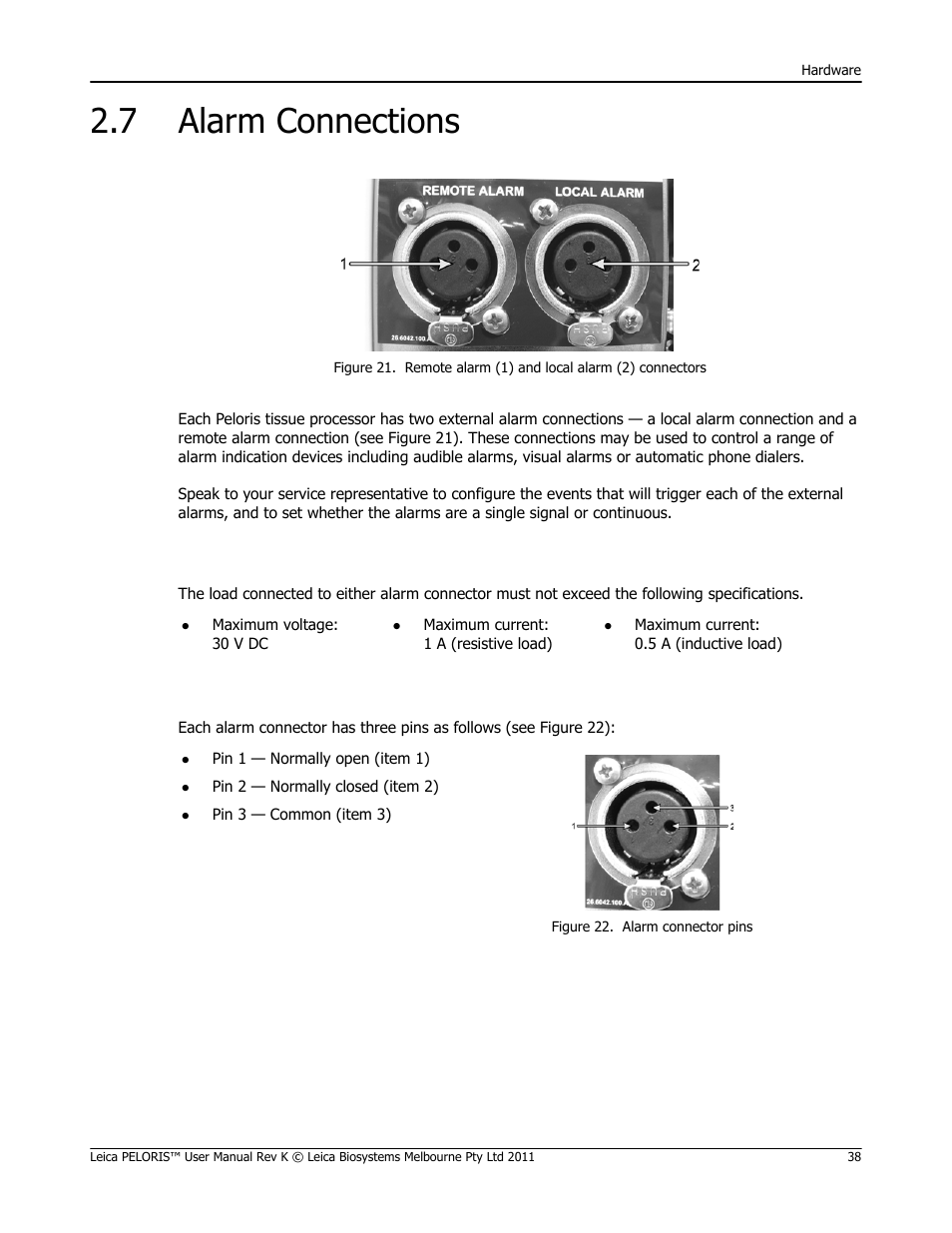 7 alarm connections, Alarm connections | Leica Biosystems PELORIS_PELORIS II User Manual | Page 38 / 160