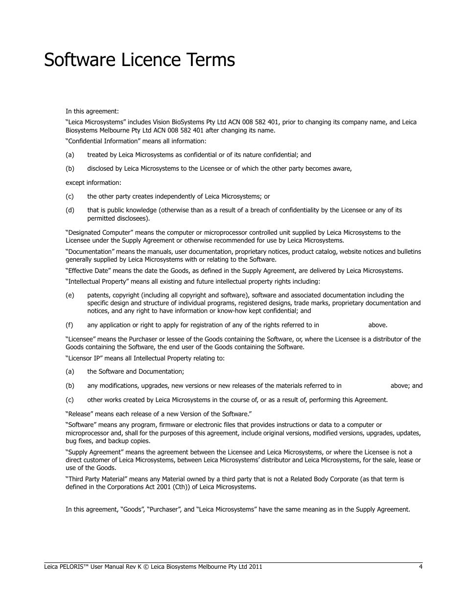 Software licence terms | Leica Biosystems PELORIS_PELORIS II User Manual | Page 4 / 160