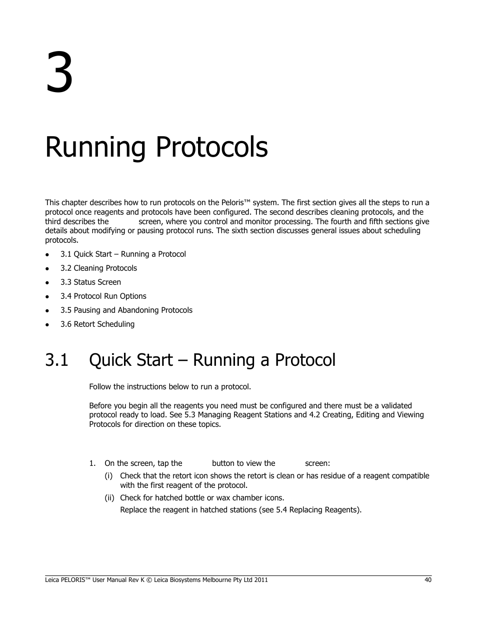 Running protocols, 1 quick start – running a protocol, Quick start – running a protocol | Chapter 3, running protocols | Leica Biosystems PELORIS_PELORIS II User Manual | Page 40 / 160