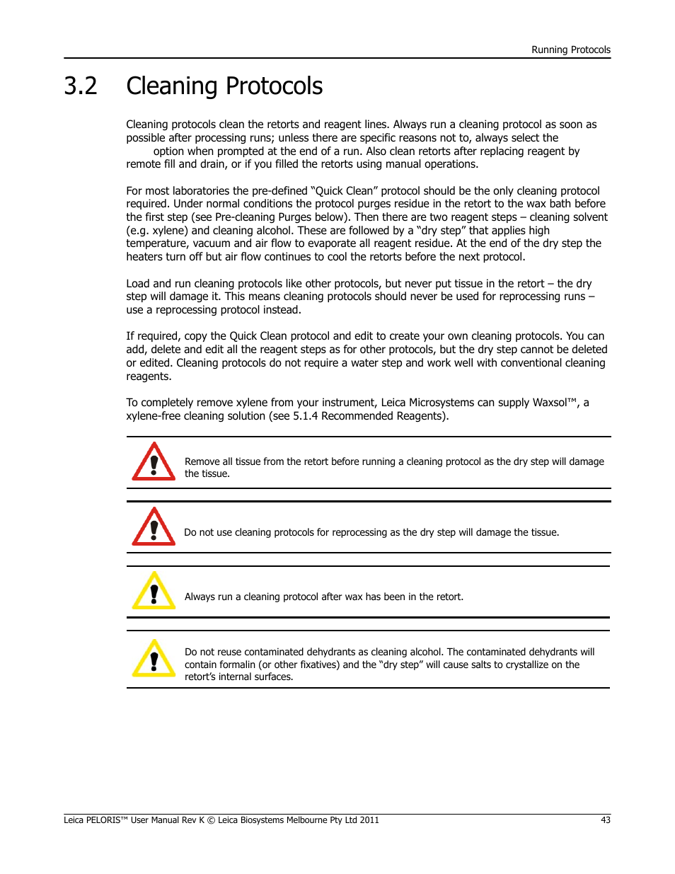 2 cleaning protocols, Cleaning protocols | Leica Biosystems PELORIS_PELORIS II User Manual | Page 43 / 160