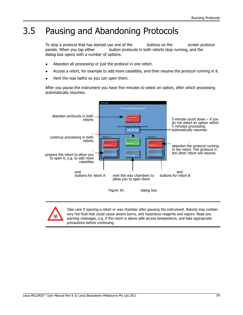 5 pausing and abandoning protocols, Pausing and abandoning protocols | Leica Biosystems PELORIS_PELORIS II User Manual | Page 54 / 160