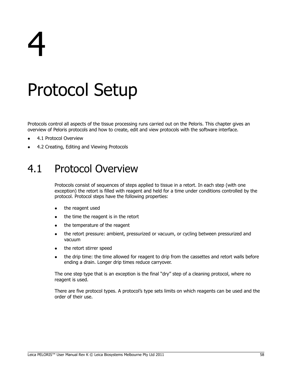 Protocol setup, 1 protocol overview, Protocol overview | Chapter 4, protocol setup : descriptions of pr | Leica Biosystems PELORIS_PELORIS II User Manual | Page 58 / 160