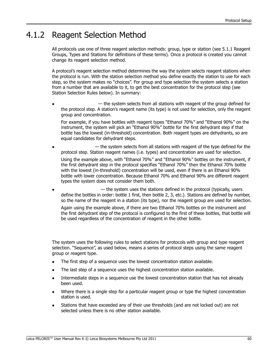 2 reagent selection method, Reagent selection method, Ion rules (see 4.1.2 reagent selection method | Ee 4.1.2 reagent selection method), Station selection rules | Leica Biosystems PELORIS_PELORIS II User Manual | Page 60 / 160