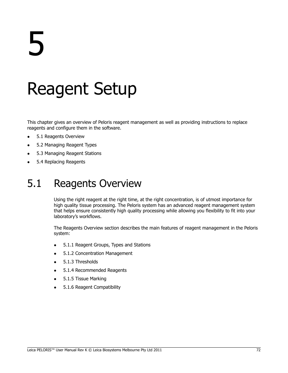 Reagent setup, 1 reagents overview, Reagents overview | Chapter 5, reagent setup : r | Leica Biosystems PELORIS_PELORIS II User Manual | Page 72 / 160