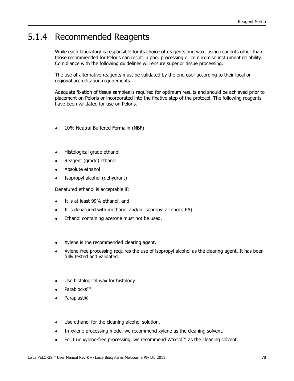 4 recommended reagents, Recommended reagents | Leica Biosystems PELORIS_PELORIS II User Manual | Page 78 / 160