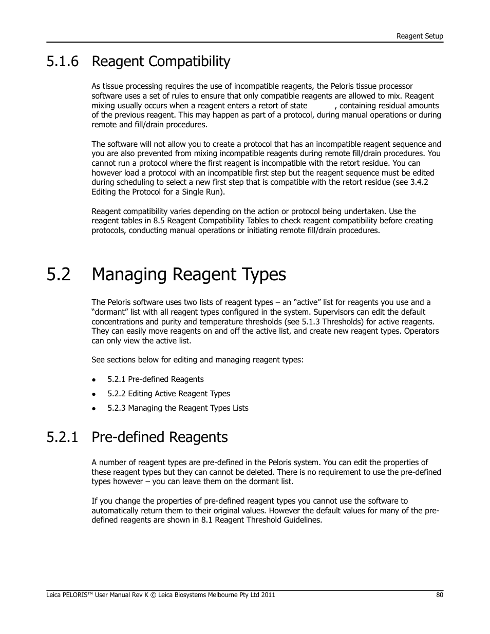6 reagent compatibility, 2 managing reagent types, 1 pre-defined reagents | Reagent compatibility, Managing reagent types pre-defined reagents, 2 managing reagent, Types, Y (see 5.1.6 reagent compatibility), Ee 5.2 managing reagent, Types) | Leica Biosystems PELORIS_PELORIS II User Manual | Page 80 / 160
