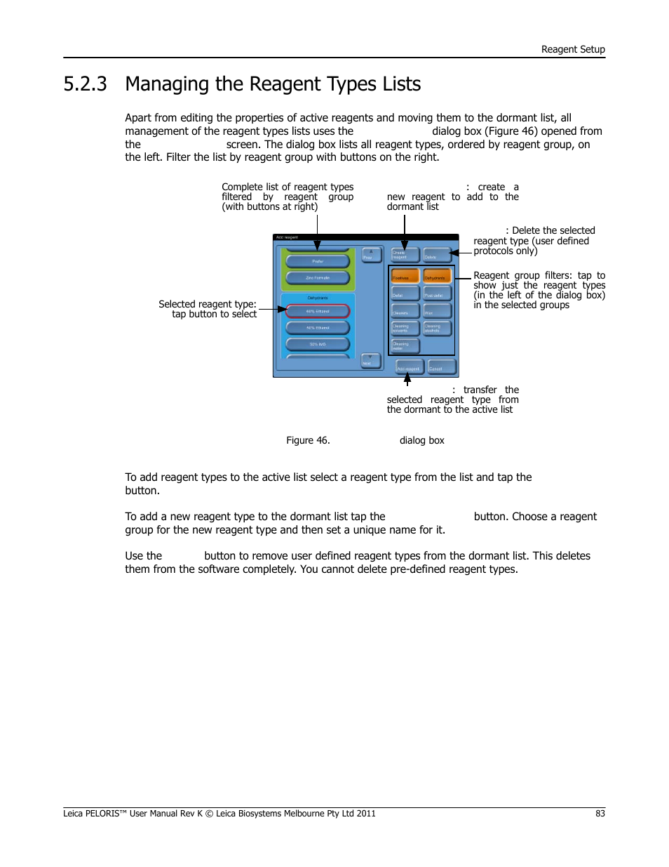 3 managing the reagent types lists, Managing the reagent types lists | Leica Biosystems PELORIS_PELORIS II User Manual | Page 83 / 160