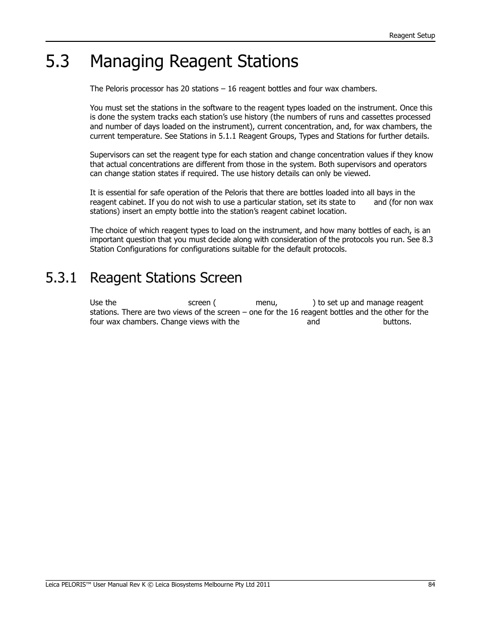 3 managing reagent stations, 1 reagent stations screen, Managing reagent stations reagent stations screen | 3 managing reagent, Stations, See 5.3 managing reagent stations and | Leica Biosystems PELORIS_PELORIS II User Manual | Page 84 / 160