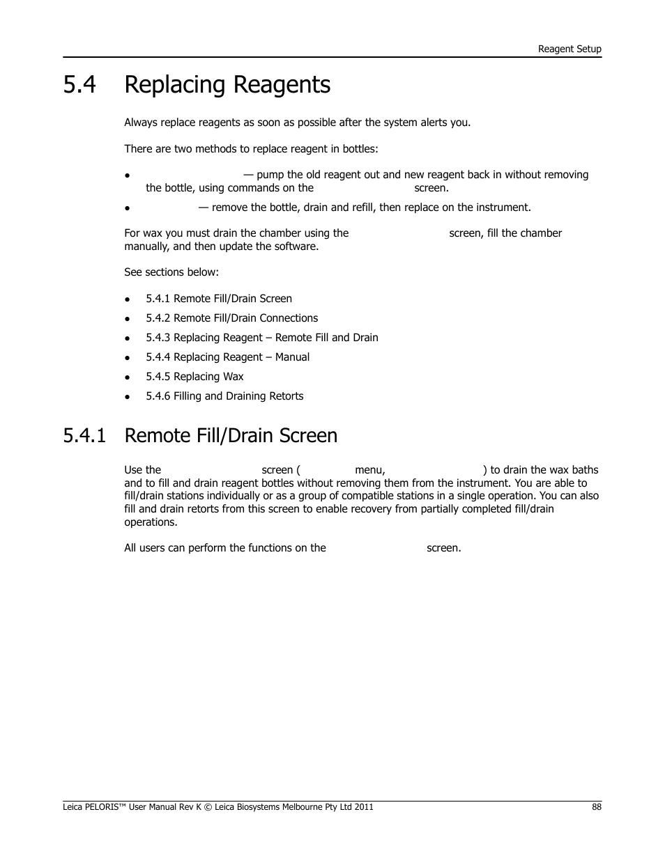 4 replacing reagents, 1 remote fill/drain screen, Replacing reagents remote fill/drain screen | 1 remote fill/drain, Screen, Ee 5.4 replacing reagents | Leica Biosystems PELORIS_PELORIS II User Manual | Page 88 / 160