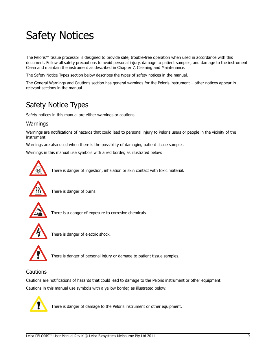 Safety notices, Safety notice types | Leica Biosystems PELORIS_PELORIS II User Manual | Page 9 / 160