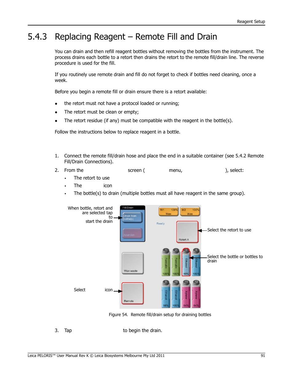 3 replacing reagent – remote fill and drain, Replacing reagent – remote fill and drain | Leica Biosystems PELORIS_PELORIS II User Manual | Page 91 / 160