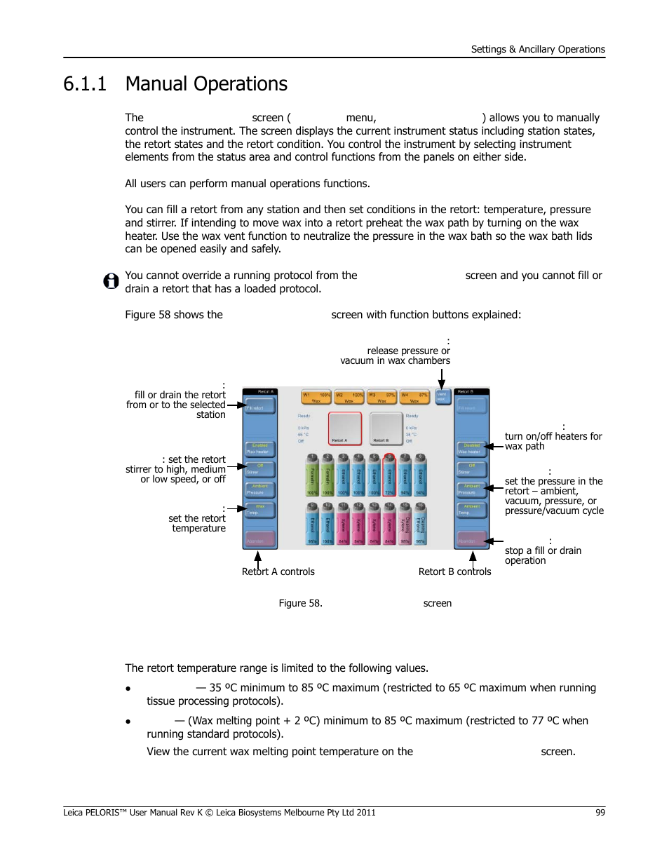 1 manual operations, Manual operations, 1 manual opera | Tions, See 6.1.1 manual, Operations), Retort temperature range | Leica Biosystems PELORIS_PELORIS II User Manual | Page 99 / 160