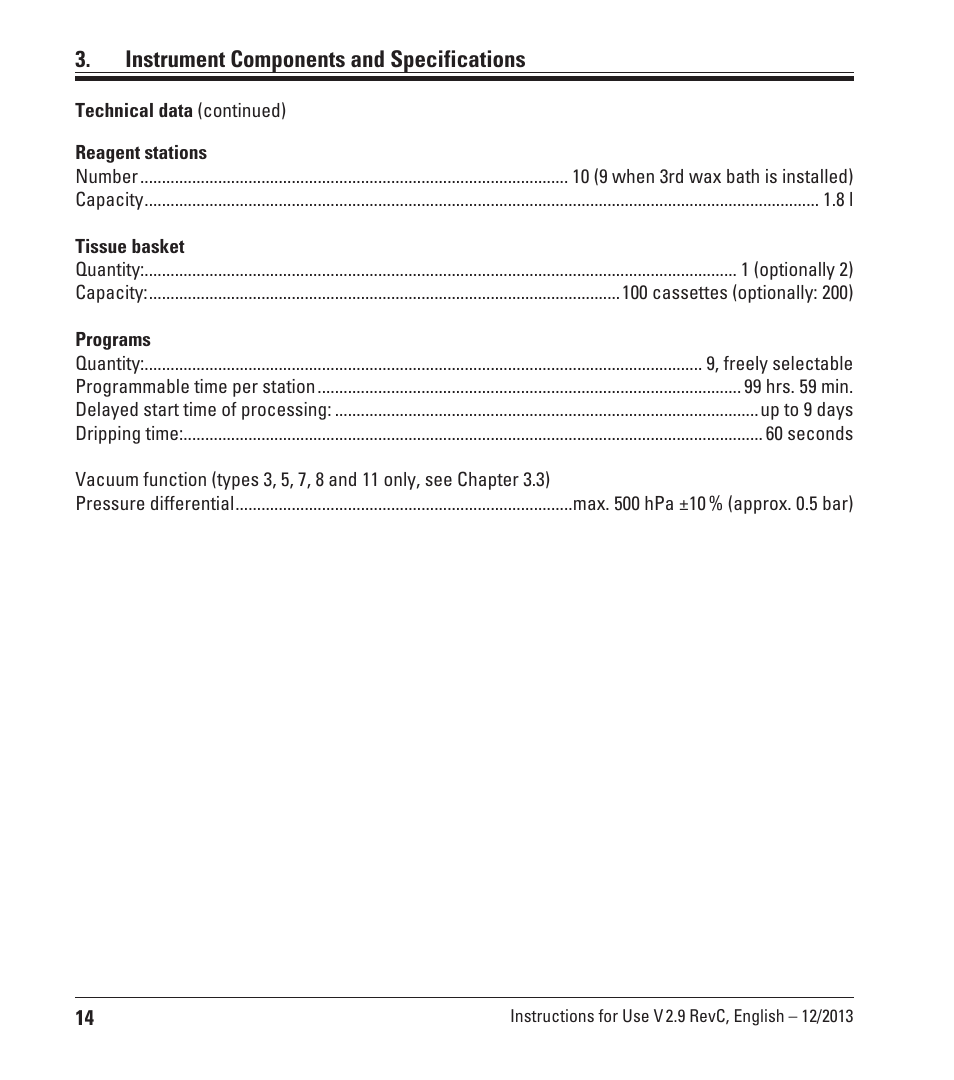 Instrument components and specifications | Leica Biosystems TP1020 User Manual | Page 14 / 102
