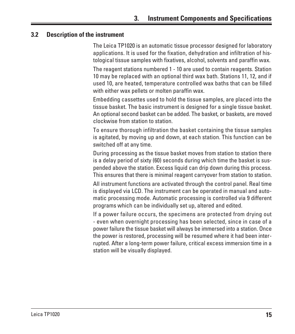 2 description of the instrument, Description of the instrument, Instrument components and specifications | Leica Biosystems TP1020 User Manual | Page 15 / 102