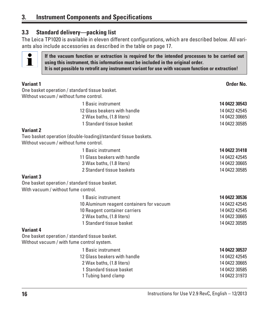 3 standard delivery—packing list, Standard delivery—packing list, Instrument components and specifications | Leica Biosystems TP1020 User Manual | Page 16 / 102