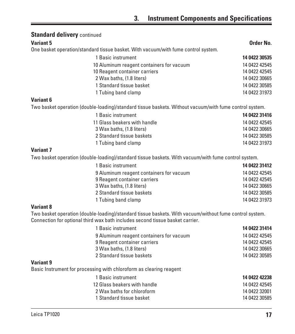 Instrument components and specifications, Standard delivery | Leica Biosystems TP1020 User Manual | Page 17 / 102