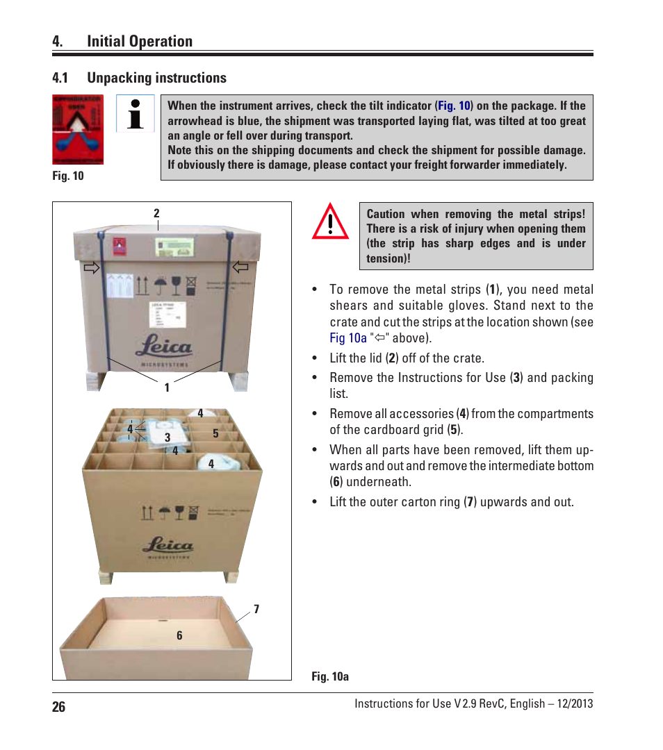 Initial operation, 1 unpacking instructions, Unpacking instructions | Leica Biosystems TP1020 User Manual | Page 26 / 102