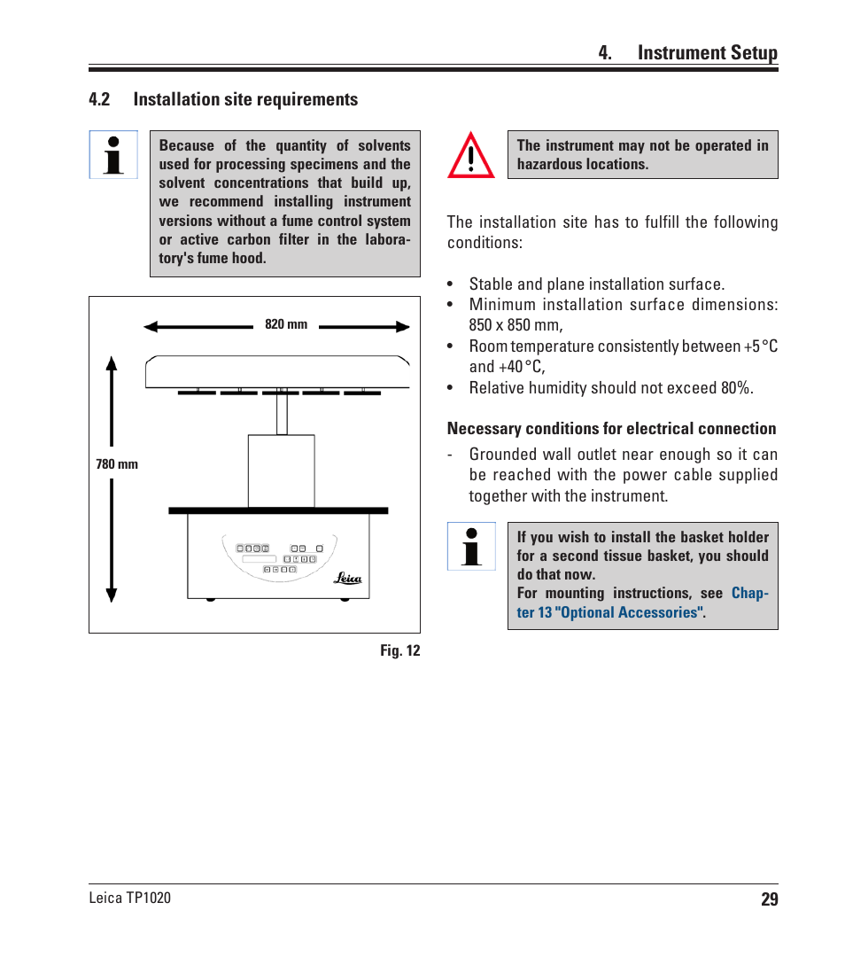 2 installation site requirements, Installation site requirements, Instrument setup | Leica Biosystems TP1020 User Manual | Page 29 / 102